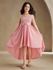 Anewsta Flower Girl High-End Sequin One Shoulder Cutout A-Line Uneven Hem Mid-Length Dress, Suitable For Weddings, Formal Events, Birthday Parties