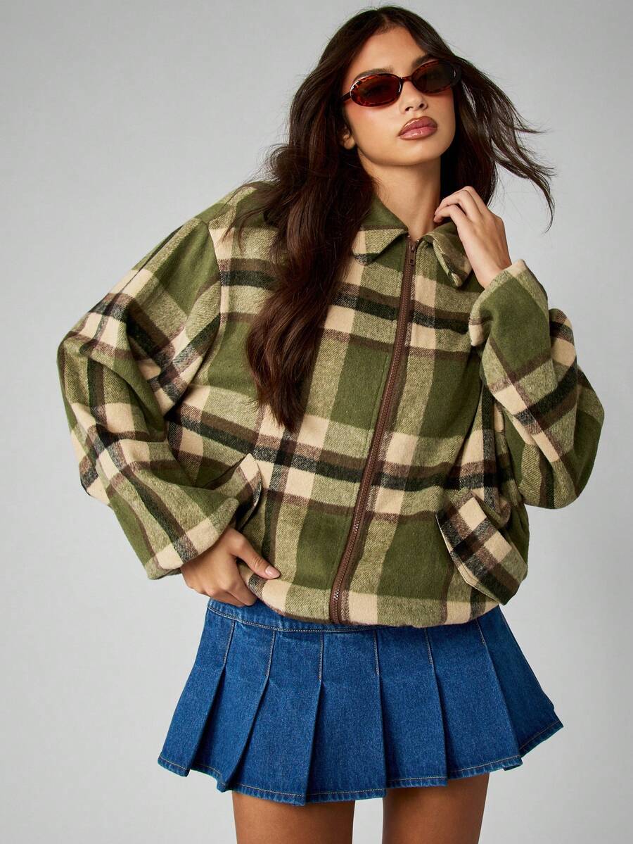 MISSGUIDED Cotton Women Plaid Zip Up Bomber Jacket Fall Winter Casual Fleece Green Cropped Check Pattern Outerwear For Teen Girls Y2K Fashion Warm