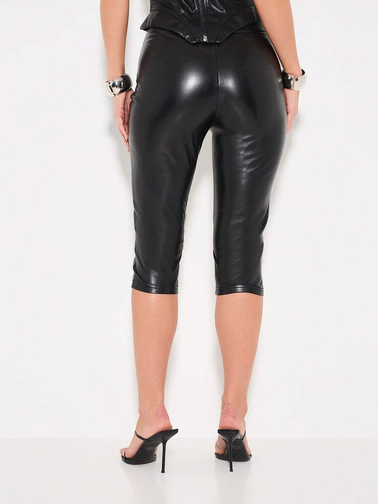 KIZN High Waisted Faux Leather Capri Leggings