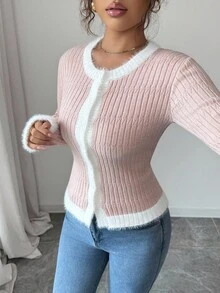 Elenzga Autumn/Winter French Style Pearl Button Faux Mink Fur Patchwork Round Neck Ribbed Knit Slim Fit Colorblock Cardigan - Pink - View 3