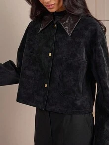 Women's Casual Commuter Washed Vintage Jacket, Loose Fit Metal Button Pockets In Fall/Winter - Black - View 9