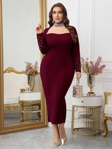 Modelyn 大码女式优雅水钻装饰闪亮长袖奢华连衣裙 - 酒紅色 - 查看 6