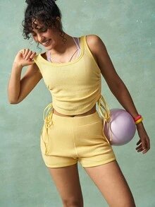 VARSIVA Workout Women Sets Women's Solid Color Side Drawstring Tank Top And Shorts Sports Suit - Yellow - View 7