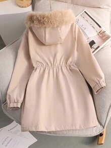 SHEIN 女童厚实保暖时尚优雅简约装饰毛茸茸领子长款户外夹克，适合派对，卡其色 - 卡其色 - 查看 2
