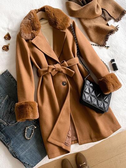 Elegant Sophisticated Long Overcoat With Detachable Fur Collar, Cinched Waist Waist Design, Snug Fit Silhouette, Fashionable For Tween Girls Fall Winter