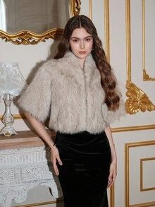 SHEIN MOD 秋冬卡其色人造毛皮短款开衫 - 卡其色 - 查看 5