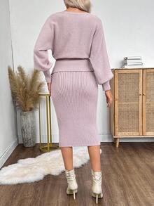EMERY ROSE Ensemble 2 pièces Top à manches longues et jupe de couleur unie pour l'automne/hiver pour femmes - Rose bonbon - Voir 2