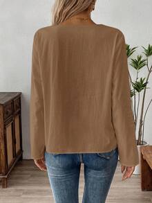 SHEIN LUNE 女式休闲纯色纽扣装饰衬衫，秋季 - 卡其色 - 查看 2
