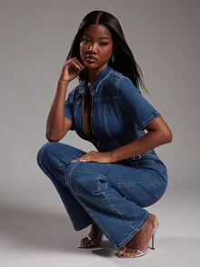 NYA SZN Denim Short Sleeve Jumpsuit Fitted Constrast Stitch Everyday Casual Teacher Concert Festival Business Casual Cotton Summer Statement Valentines Day Carnival Outfits For Women - Medium Wash - View 4