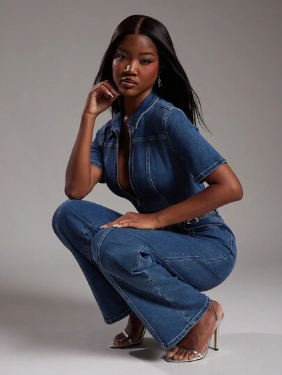 NYA SZN Denim Short Sleeve Jumpsuit Fitted Constrast Stitch Everyday Casual Teacher Concert Festival Business Casual Cotton Summer Statement Festival Kings Day Outfits For Women