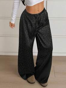 SHEIN EZwear 大码女式抽绳腰宽松黑色豹纹阔腿裤 - 黑色 - 查看 3