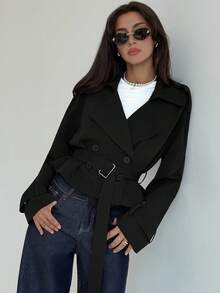 Aloruh Áo khoác trench coat cổ ve trơn màu tay dài, cài hai hàng khuy đơn giản dành cho nữ, mùa thu - màu đen - Xem 1