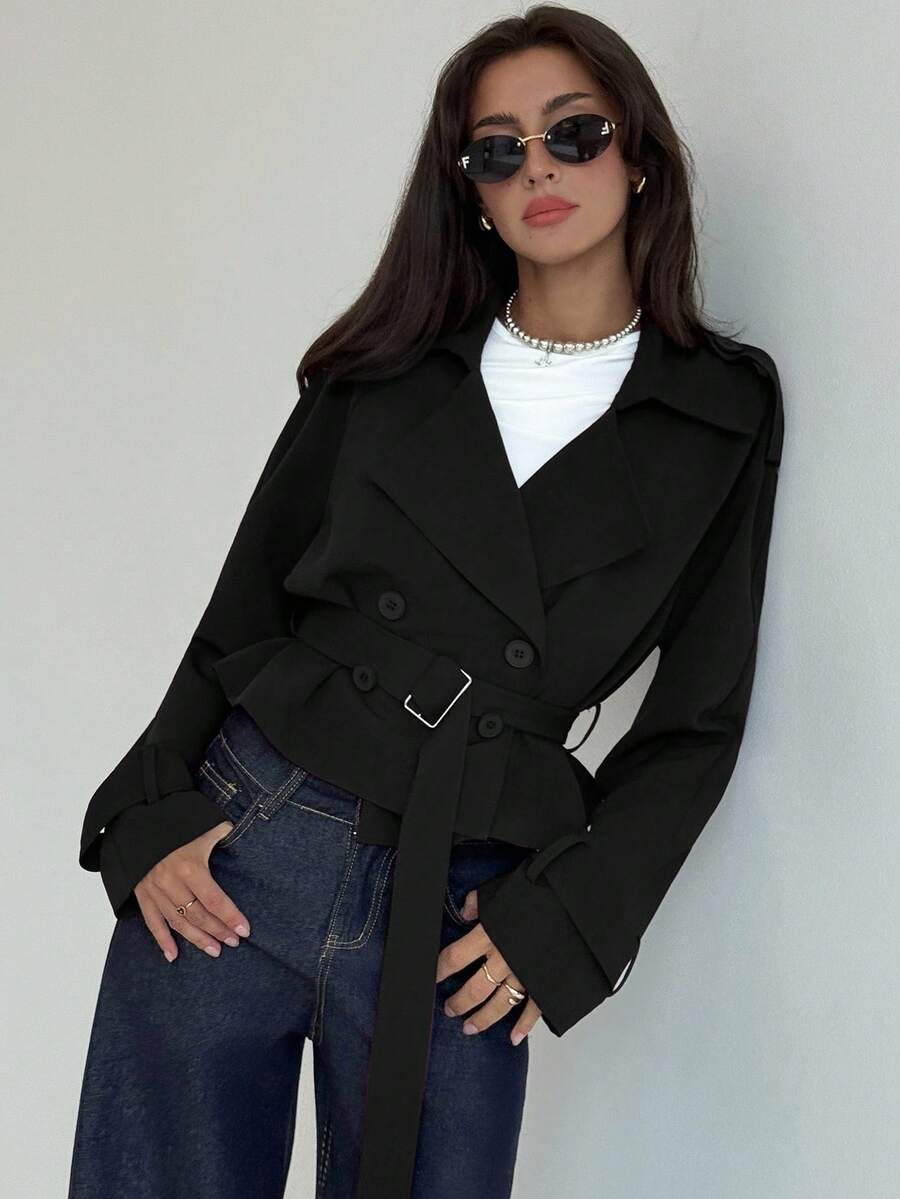 Aloruh Áo khoác trench coat cổ ve trơn màu tay dài, cài hai hàng khuy đơn giản dành cho nữ, mùa thu - màu đen - Xem 1