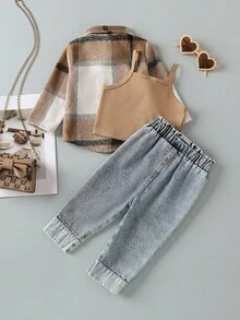 SHEIN 3pcs/Set Fashionable Girls Plaid Shacket + Knit Camisole + Washed Straight Jeans Outfit, Autumn Fall Winter Toddler Girls Cute Vintage Modest Style - Khaki - View 2