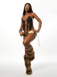 SUMWON WOMEN Halloween Cow Print Faux Fur Booty Shorts With Black Leather Fringe Details Festival Party Micro Shorts