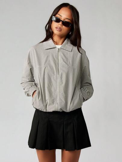 MISSGUIDED 棉质女式超大格纹印花飞行员夹克轻便春秋季休闲拉链领短款上衣冬季时尚街头服饰经典外套