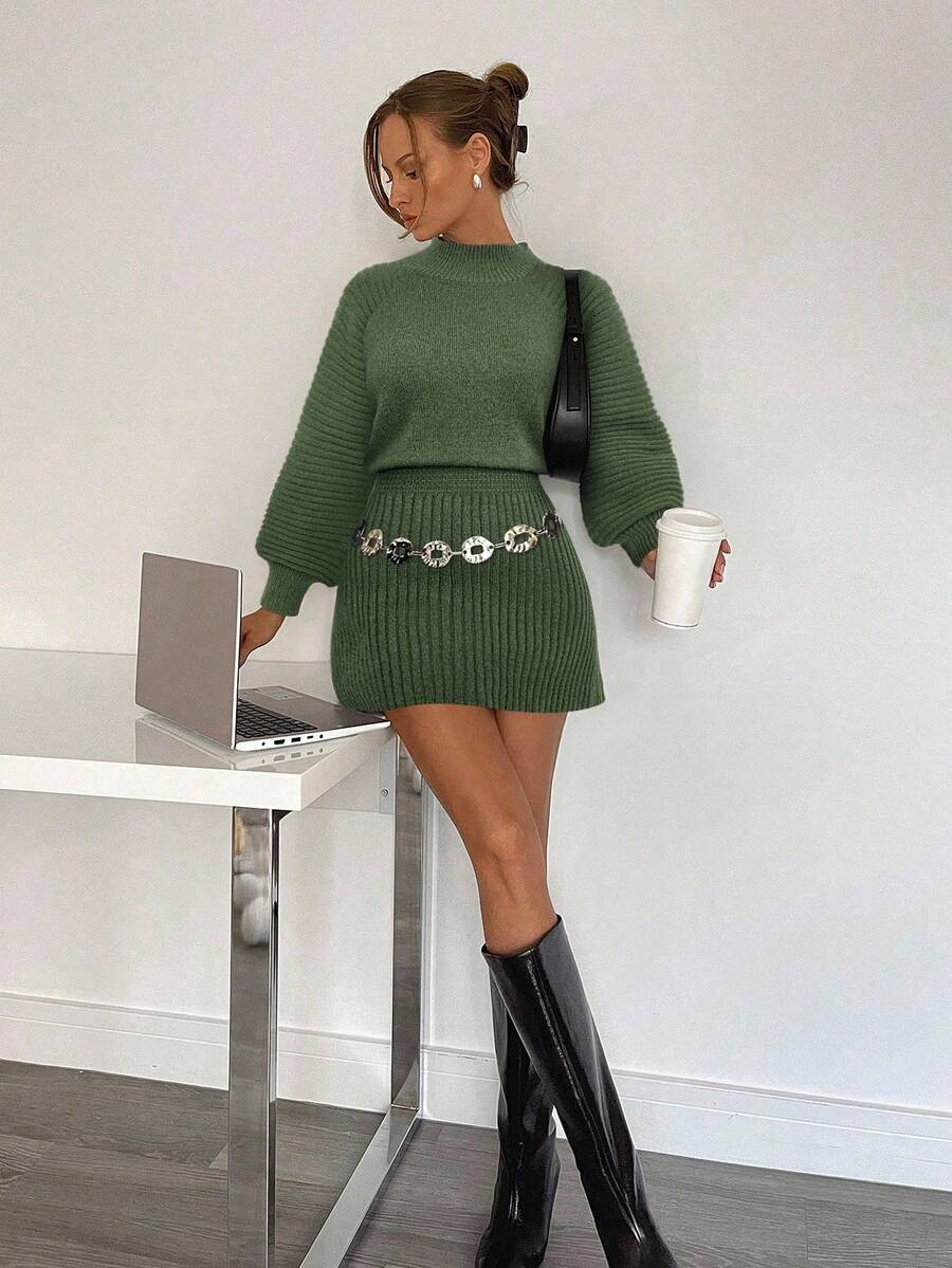 Siren Gaze Váy len nữ mùa thu có eo, dáng chữ A, chân váy dệt kim tay đèn lồng, cổ lọ, áo len, quần áo mùa đông cho nữ - xanh quân đội - Xem 1