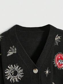ROMWE Hippie Women's Retro Palace Heart Eye Sun Moon Star Moth Embroidered V-Neck Knitted Cardigan - Black - View 3