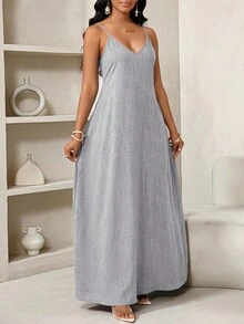 SHEIN Lady 2025 Đầm Maxi Rộng Thùng Thình Màu Xám Mới Cho Nữ Đầm Boho Hở Lưng Cho Nữ Đầm Maxi Rộng Không Dây Đầm Dự Tiệc Sinh Nhật & Sự Kiện/Đầm Ngày Lễ Trang Phục Kỳ Nghỉ Cho Nữ Boho/Bohemia/Boho Quần Áo Cho Nữ Áo Halter Top Quần Áo Cho Phụ Nữ Châu Phi Đầm Cho Nữ Đầm Nhiệt Đới Mùa Hè Cho Nữ Hàng Mới Về Đầm Cho Nữ Đầm Đi Biển Đầm Phục Sinh / Đầm Phục Sinh Cho Nữ / Trang Phục Phục Sinh Cho Nữ - Xám - Xem 5