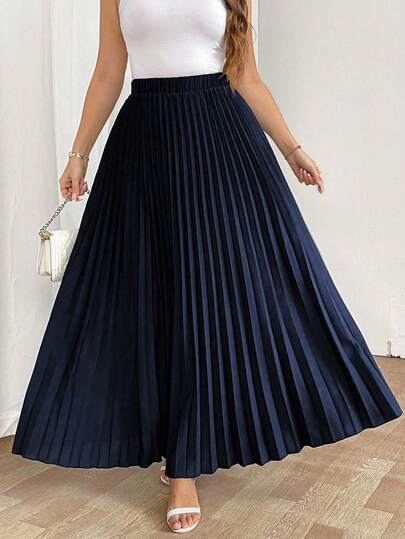 SHEIN Tall Elegant Casual Vacation Women's Loose Pleated Skirt With Elastic Waist, Black, Plus Size