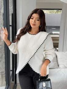 Vionelle Plus Size Casual White Knit Pullover Sweater With Contrasting Trim, Comfortable, Suitable For Work, Elegant White Sweater Women Sweater Contrast Stitch Sweater Cute Sweater Sweater Top Winter Fall Autumn