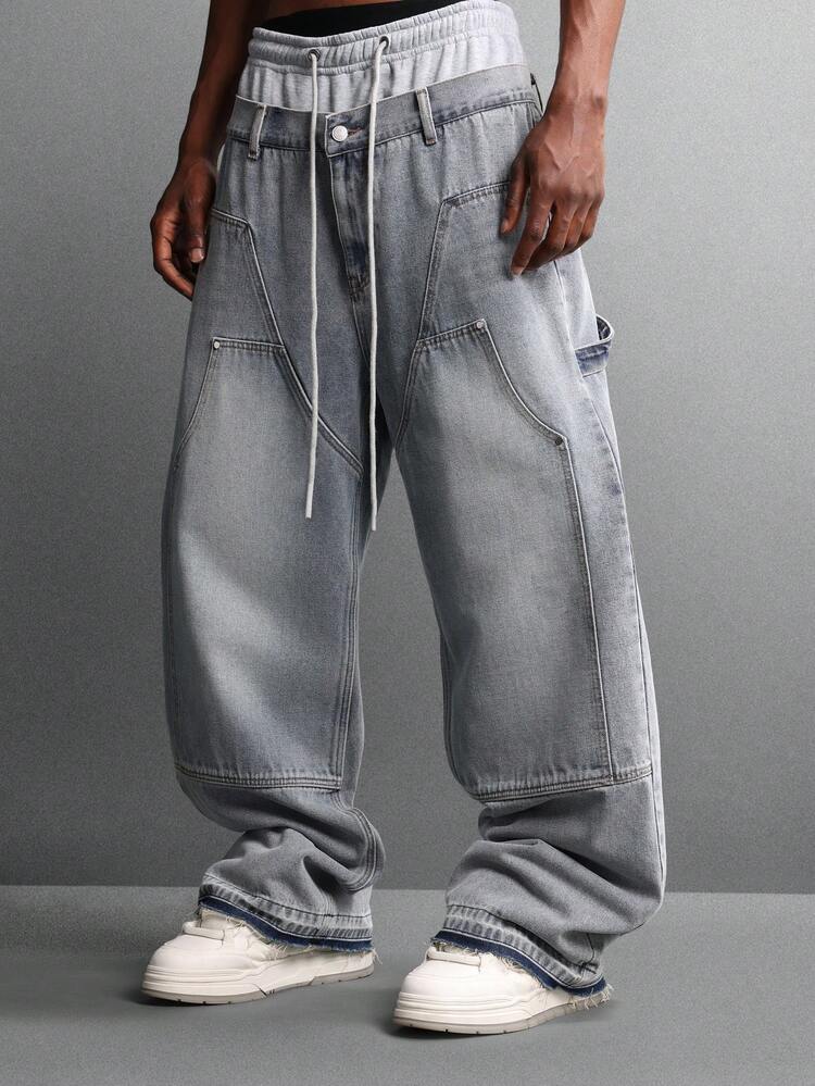 Balloon Fit Double Layer Denim Jeans With Utility Pockets