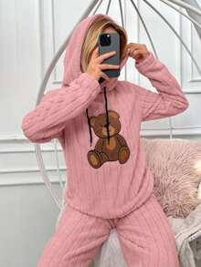 EURMUSE Women's Cartoon Bear Embroidered Fluffy Drawstring Hoodie Sleepwear Top - Dusty Pink - View 3