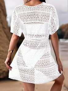 Swim Lushoire Hollow Out Drawstring Waist Cover Up Dress Without Bikini Summer - White - View 2