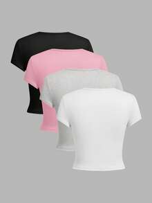 SHEIN EZwear 4pcs/Set Black, Pink, Gray, White Casual Round Neck Short Sleeve Fitted Women T-Shirts, Suitable For Summer - Multicolor - View 2