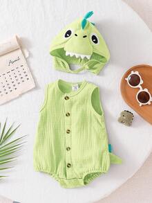 SHEIN 2pcs Baby Boys' Summer Green Cotton Soft Crepe Dinosaur Romper And Dinosaur Hat Set, Cute Style - Green - View 2