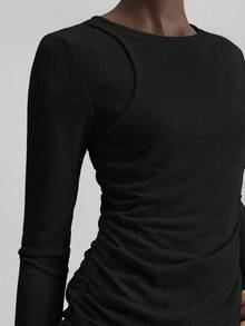 Ontre 2025秋冬季女士办公服饰、婚礼宾客、生日、教师制服、夜店装扮，复古休闲风上衣，针织面料，宽松版型，夏季休闲装，日常穿着，新品上市，女士休闲纯色拼接二合一T恤，黑色上衣 - 黑色 - 查看 7