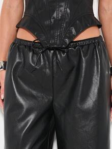 KIZN Pantaloni largi din piele ecologică pentru femei, cu talie și cordon, casual