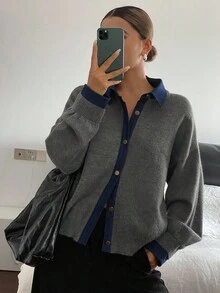 DAZY 女式休闲牛仔拼布落肩长袖开衫，秋冬 - 灰色 - 查看 1