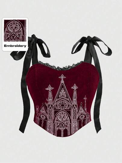 Goth Camiseta sin mangas con cuello cuadrado, encaje y parches, estilo gótico castillo cruz, talla grande, para mujer, con cordones, Navidad