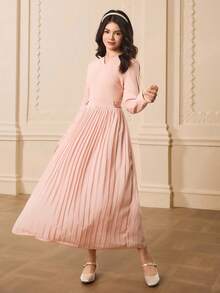 Váy dài tay cổ chữ V tối giản thanh lịch cho bé gái tuổi teen, thân áo co giãn ôm sát với váy voan bồng bềnh, thích hợp cho lễ tốt nghiệp, các dịp trang trọng, Giáng sinh, Halloween, mọi mùa - Hồng - Xem 5