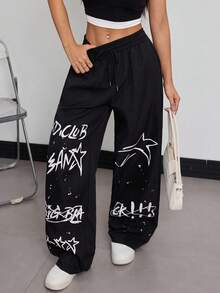 INAWLY Pantalon long décontracté pour femmes avec imprimé lettres et cordon de serrage à la taille, automne