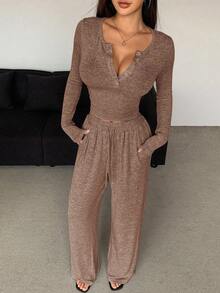 DAZY 2pcs Women Casual Solid Color Half Button Front Fitted Long Sleeve Top And Drawstring Waist Loose Straight Leg Pants Set Tracksuits Women Set Lounge Sets For Women - Coffee Brown - View 5