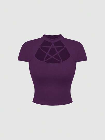 Goth Maglietta aderente con lacci e stella a cinque punte traforata, stile gotico