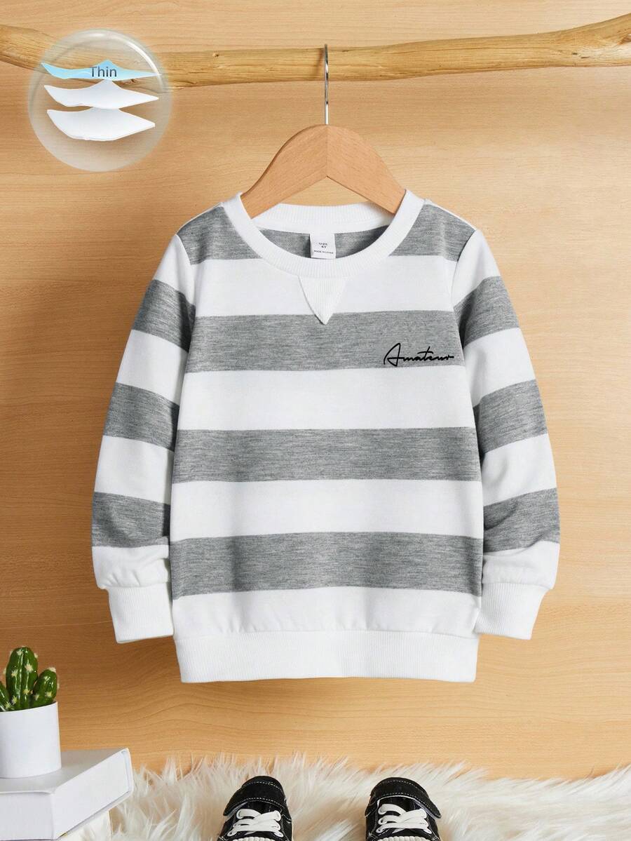 SHEIN Young Boy Fitted Crew Neck Raglan Sleeve Striped Sweatshirt,Winter,Winter,Fall,Fall,All, White Tops,Fall Tops - Grey - View 1