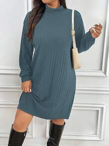 SHEIN Frenchy Plus Size Women High Neck Drop Shoulder Long Sleeve Casual Ribbed T-Shirt Dress/Fall/Winter