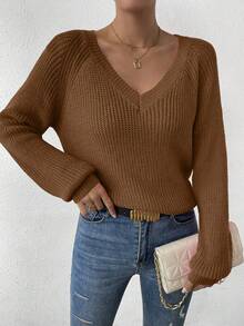 SHEIN LUNE Solid Raglan Sleeve Sweater - Mocha Brown - View 7