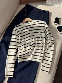 SHEIN Franclia 女士时尚休闲条纹长袖 T 恤和宽松长裤两件套 - 彩色 - 查看 4