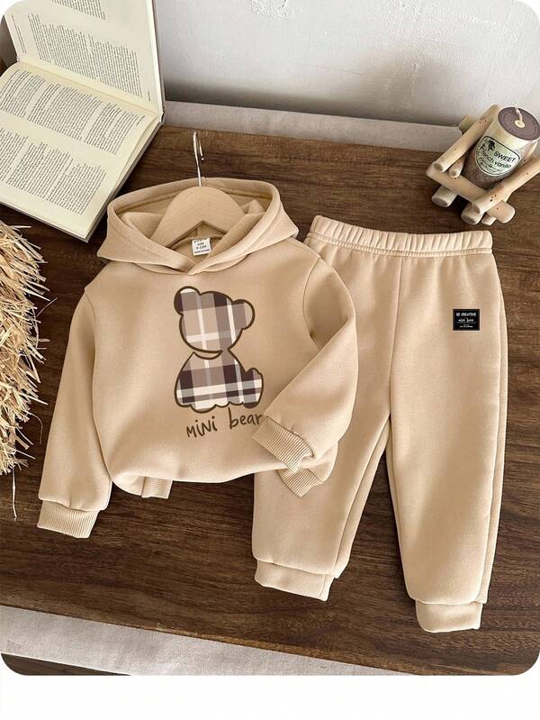 Conjunto de moletom casual minimalista com estampa de urso cartoon para bebê menino, macio e folgado, com capuz, adequado para outono e inverno