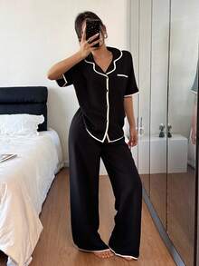SHEIN Contrast Trim Lapel Casual Loose Short Sleeve Pajama Set Black Pj Set Women Black Pajama Set V Neck Pajama Set - Multicolor - View 3