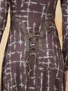 COUREZ 长袖印花薄纱连衣裙，正面格纹细节 / Y2K 风格外出穿搭 秋季女装 冬季女装 优雅别致连衣裙 派对礼服 婚礼宾客礼服 棕色连衣裙 万圣节 - 棕色 - 查看 8