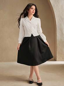 SHEIN Blouse à col cranté pour jeunes filles avec manches longues - Blanc - Voir 5