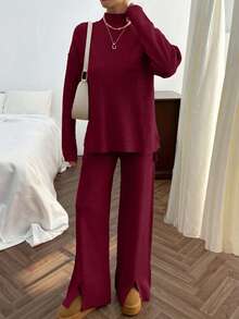 SHEIN Cottnline Rib Pattern Pocket Pullover Pant Knit Set Lounge Burgundy Autumn Minimalist Casual - Burgundy - View 4