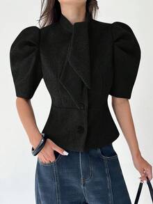 Aloruh Manteau en laine à manches courtes bouffantes et simple boutonnage, couleur unie, pour femmes, automne/hiver