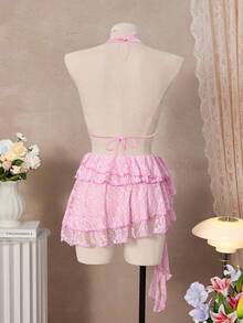 SHEIN Swim Falda de cubrir con volantes y encaje floral para mujer - Rosa - Ver 2