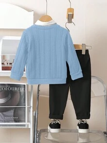 2pcs/Set Boys Outfit, Top: Textured Navy Blue Knit Sweater With Red Embroidered Graphic On Left Chest, Bottom: Khaki Pants, Suitable For Commute, School, Casual Everyday Wear, Spring/Summer, Back To School Season Fall Winter Kids Long Sleeve Shirt Pants Set Baby Boy Casual Set Baby Boy Outfit